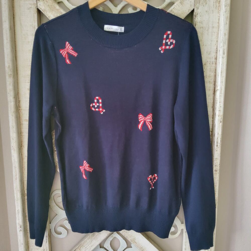 Retrology Women's Large Long Sleeve Pullover Knit Sweater Bows Hearts Metallic